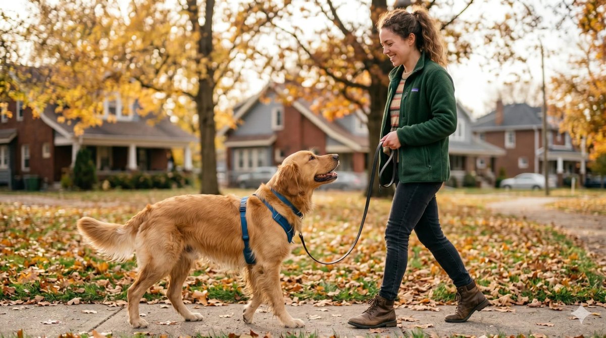 Calm owner handling leash