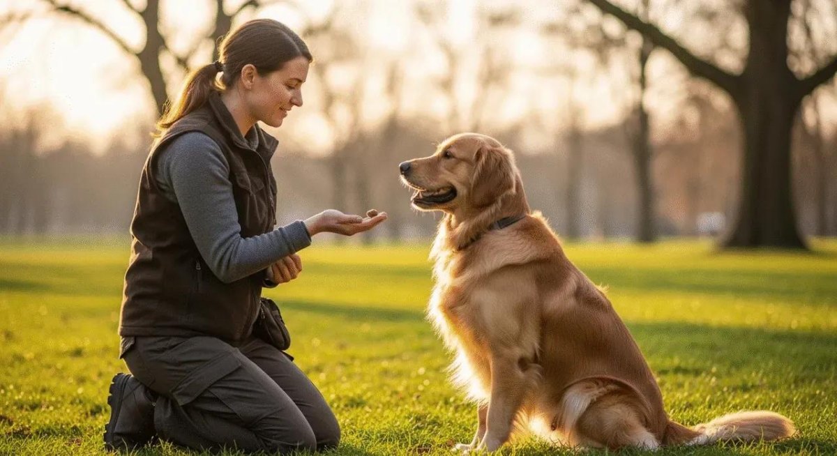 Relaxed dog bonding with owner during training