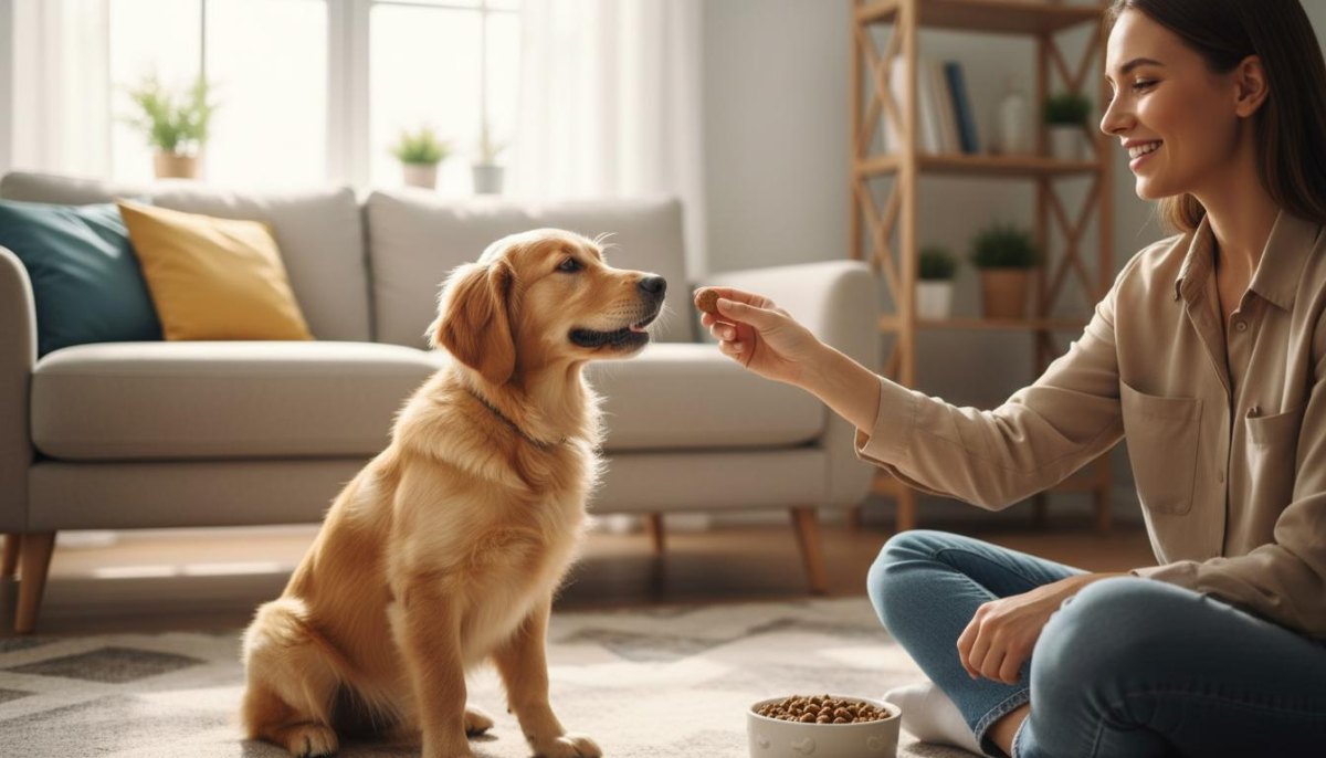 Dog training with treats outdoors
