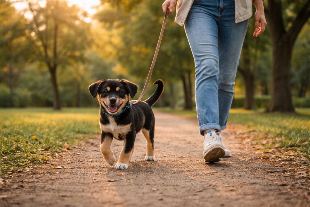 Owner enjoying daily leash walk with puppy