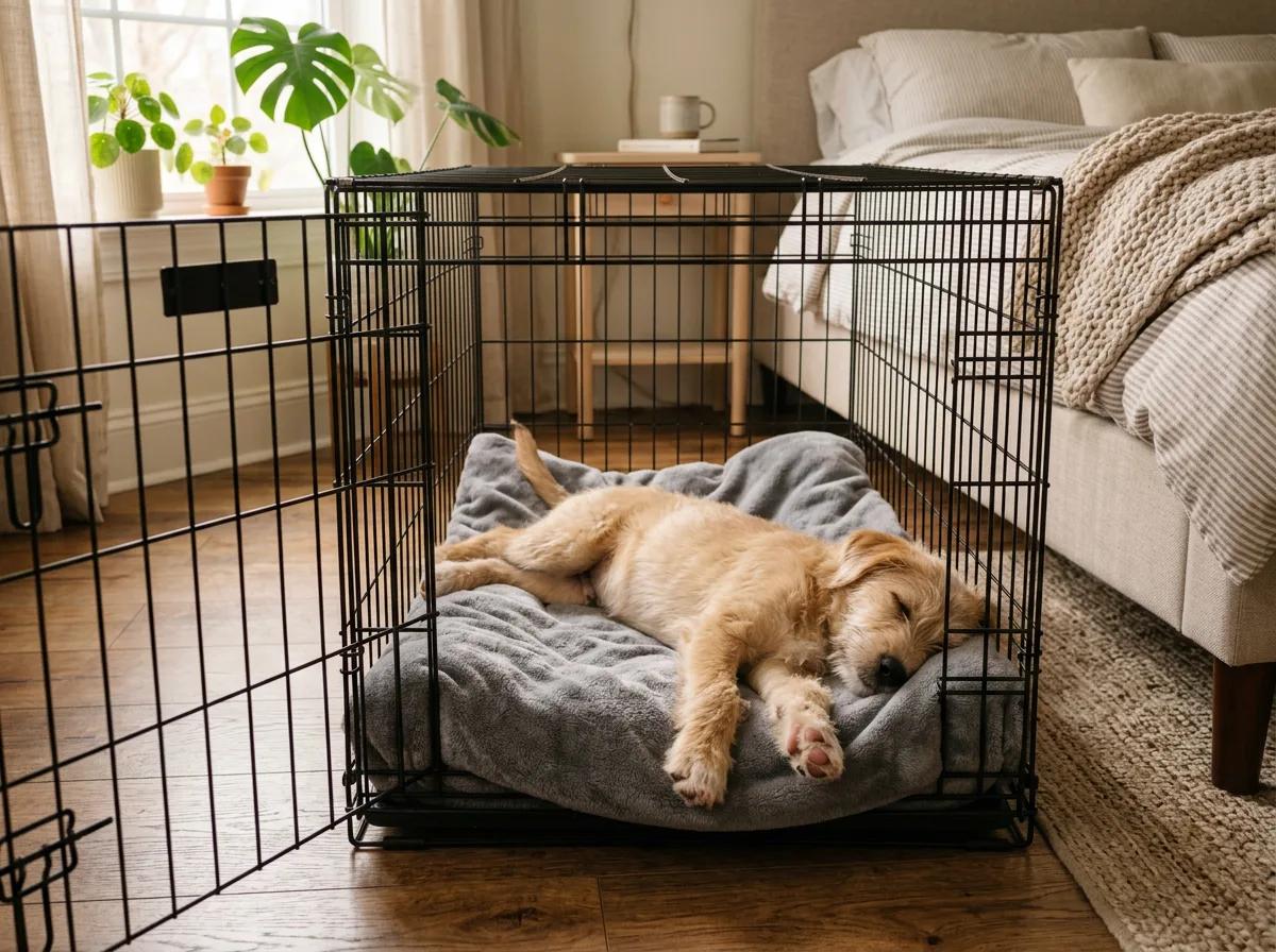 Puppy resting in crate