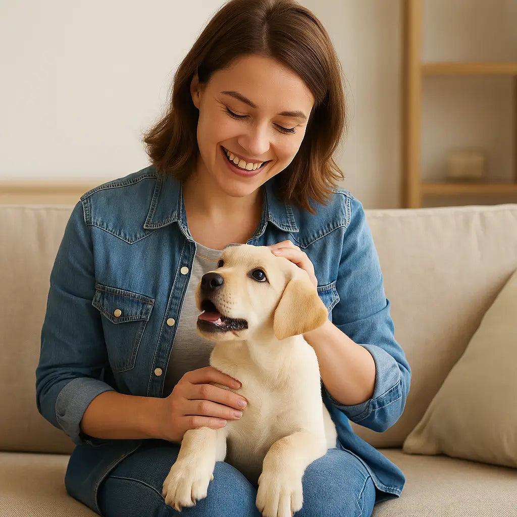 Owner gently bonding with puppy