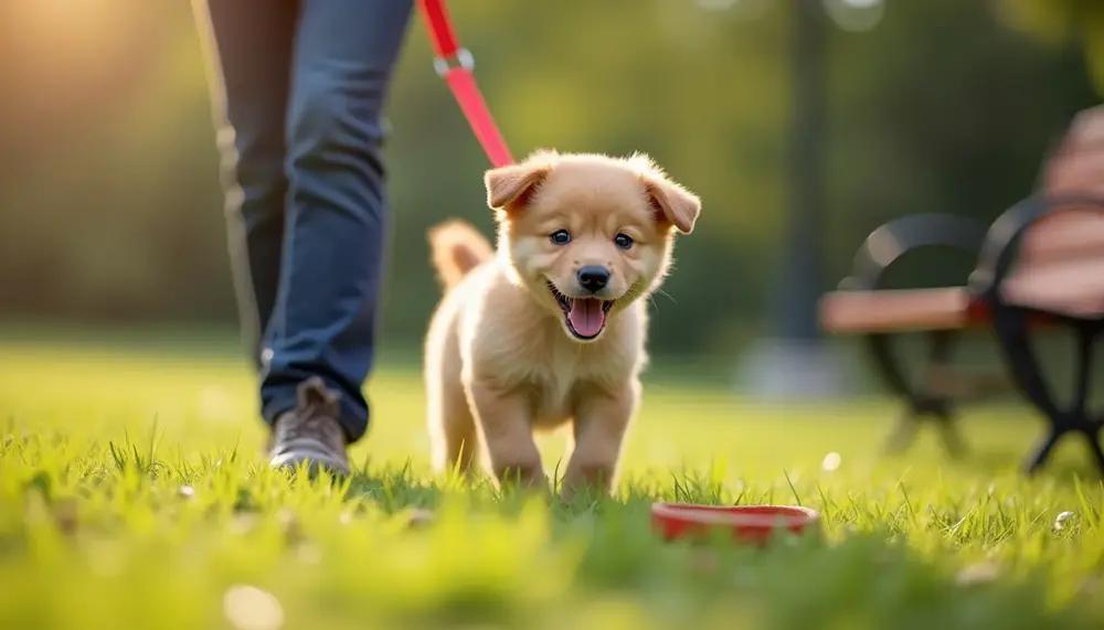 Puppy walking calmly on leash