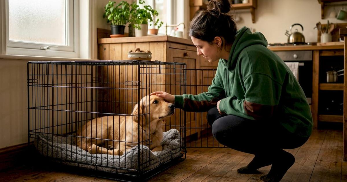 Relaxed dog resting in crate