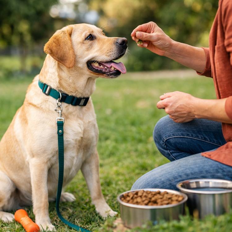 Owner rewarding calm dog behavior