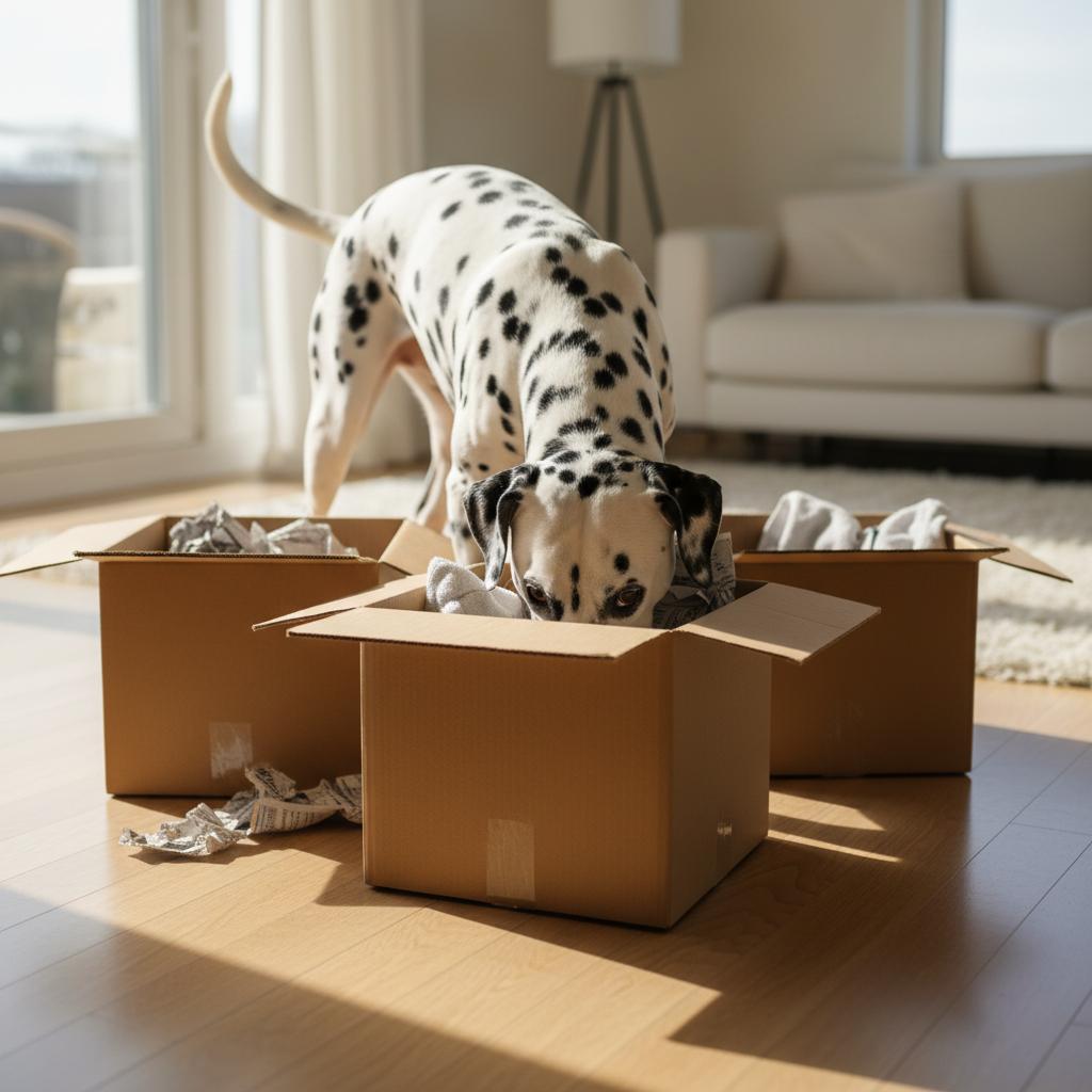 Dog exploring cardboard boxes indoors