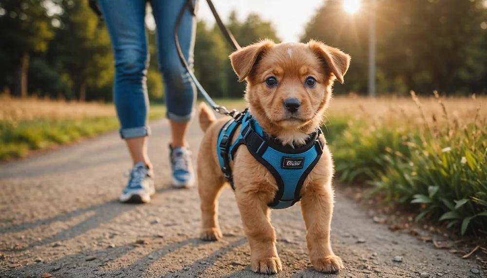 Puppy wearing comfortable harness and leash