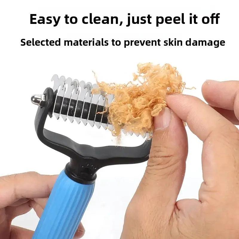 Cleaning pet grooming rake after brushing