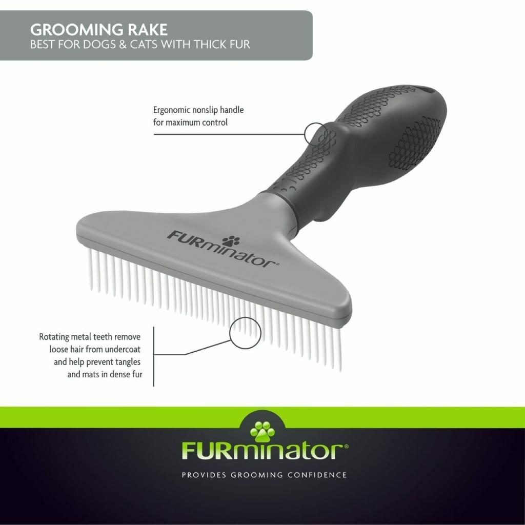 Ergonomic handle pet grooming rake