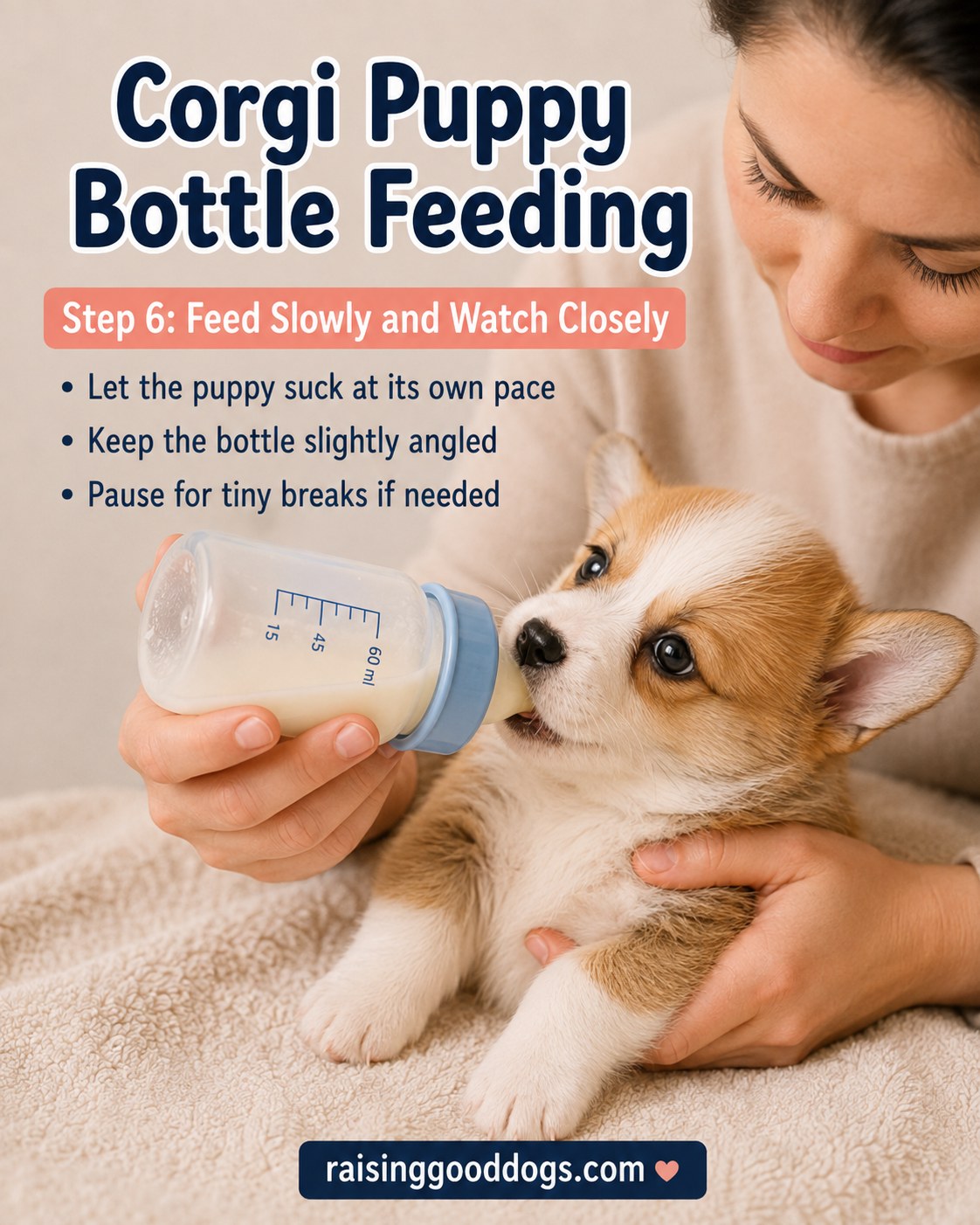 Corgi puppy sucking slowly from an angled bottle while being watched closely during feeding