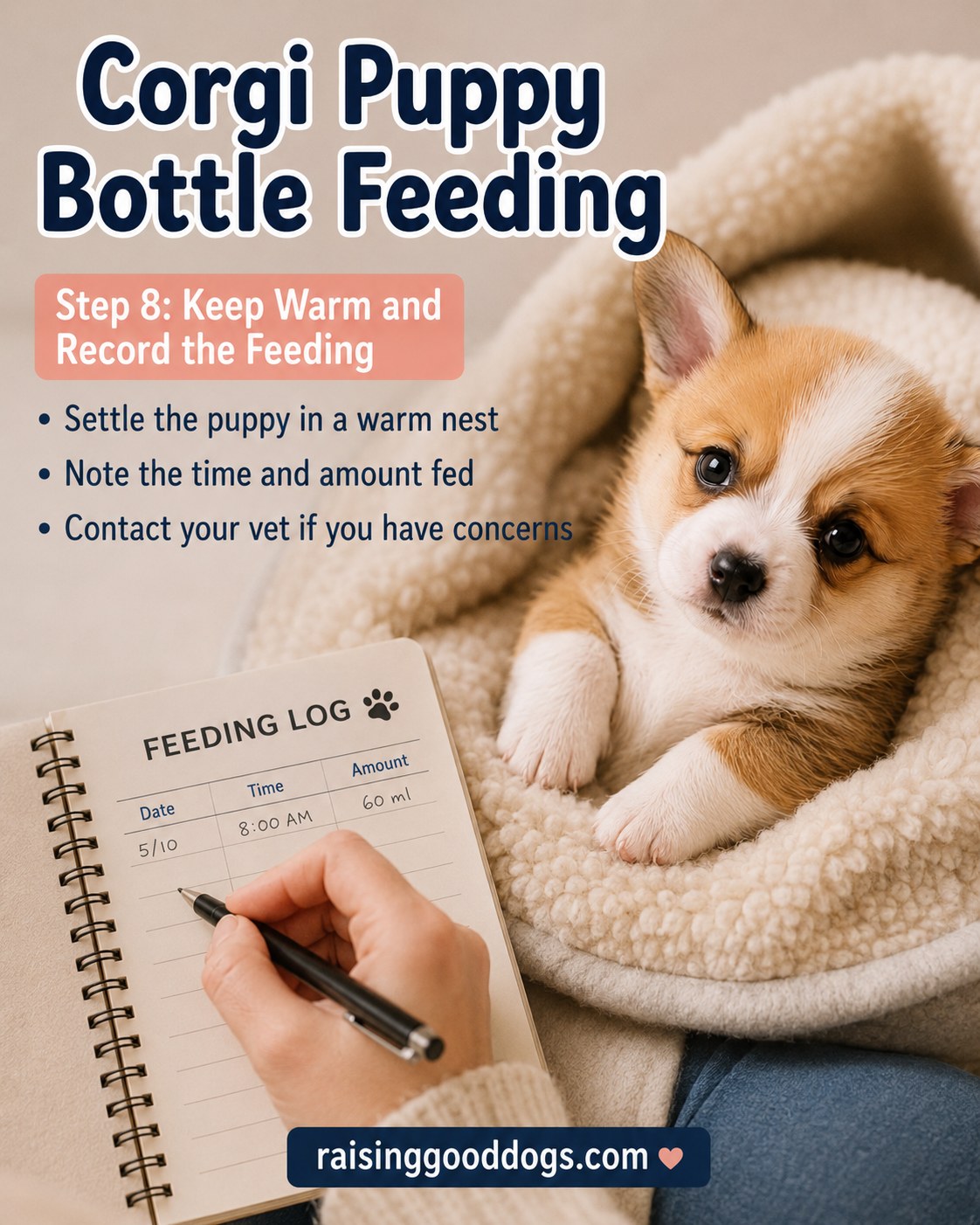 Corgi puppy settled in a warm nest beside a feeding log recording the bottle feeding