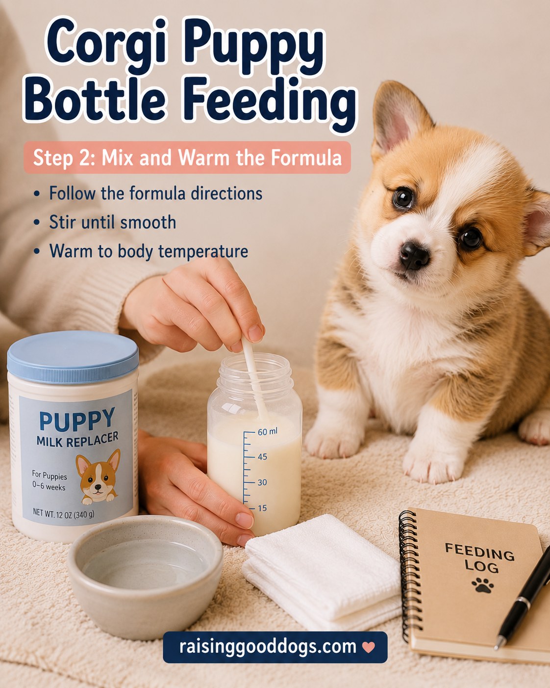 Hands mixing and warming formula for corgi puppy bottle feeding beside a curious puppy