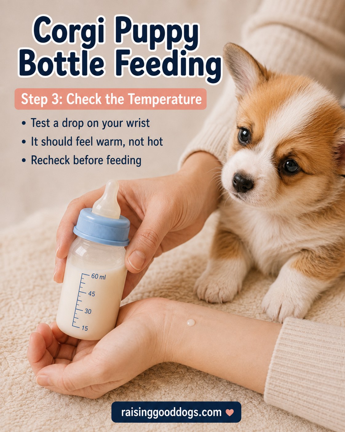 Testing formula temperature on a wrist before corgi puppy bottle feeding