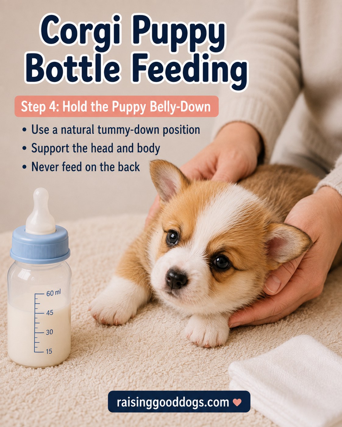 Corgi puppy held belly-down in the correct position for safe bottle feeding