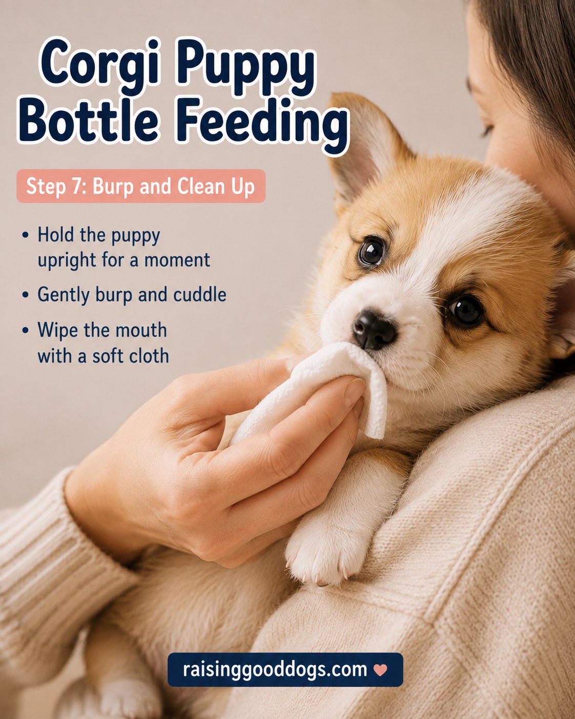 Corgi puppy held upright for burping and mouth cleanup after bottle feeding