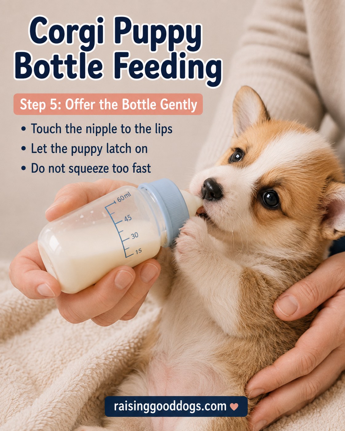 Bottle nipple offered gently to a corgi puppy's lips during bottle feeding