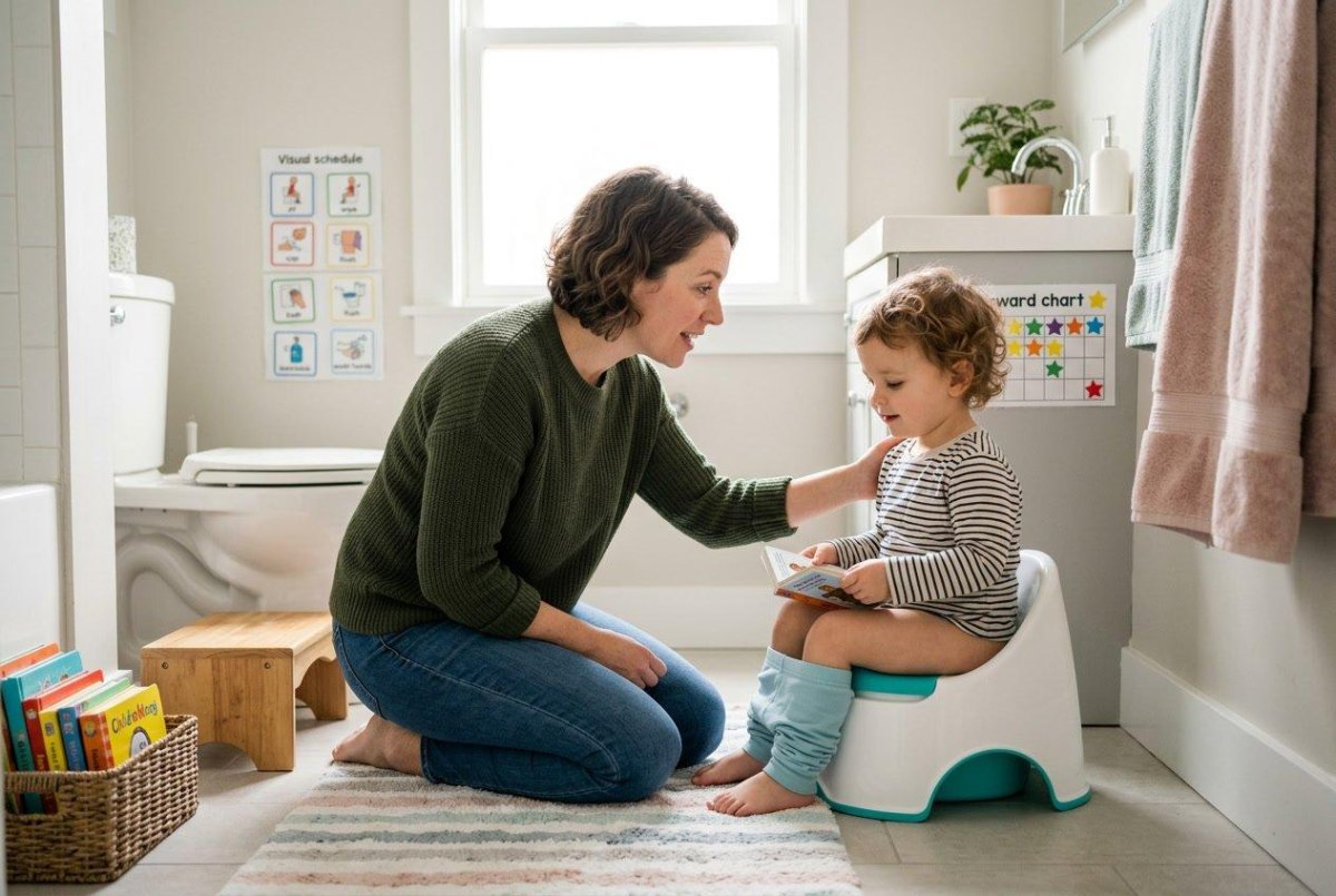 Toddler practicing potty routine at home