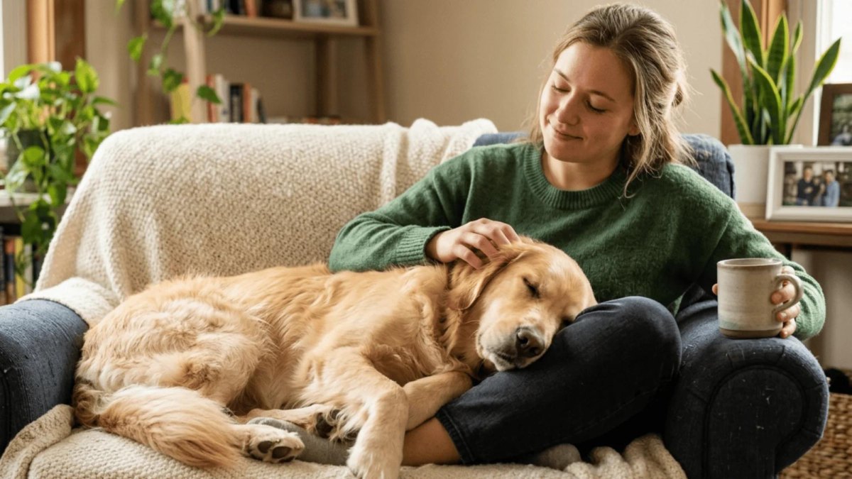 Confident dog relaxing with owner