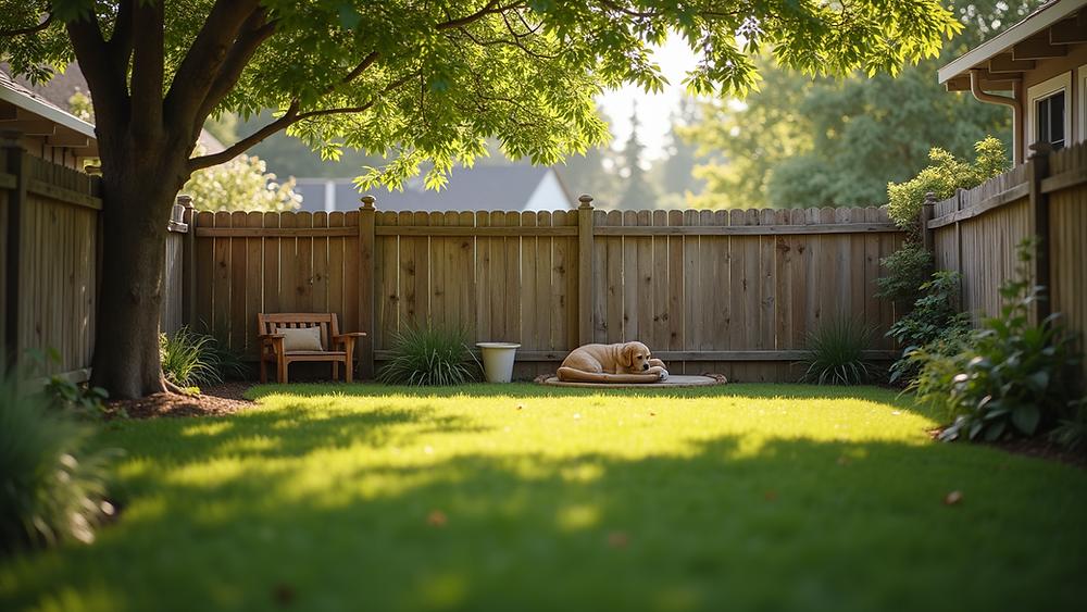 Calm dog relaxing in fenced yard