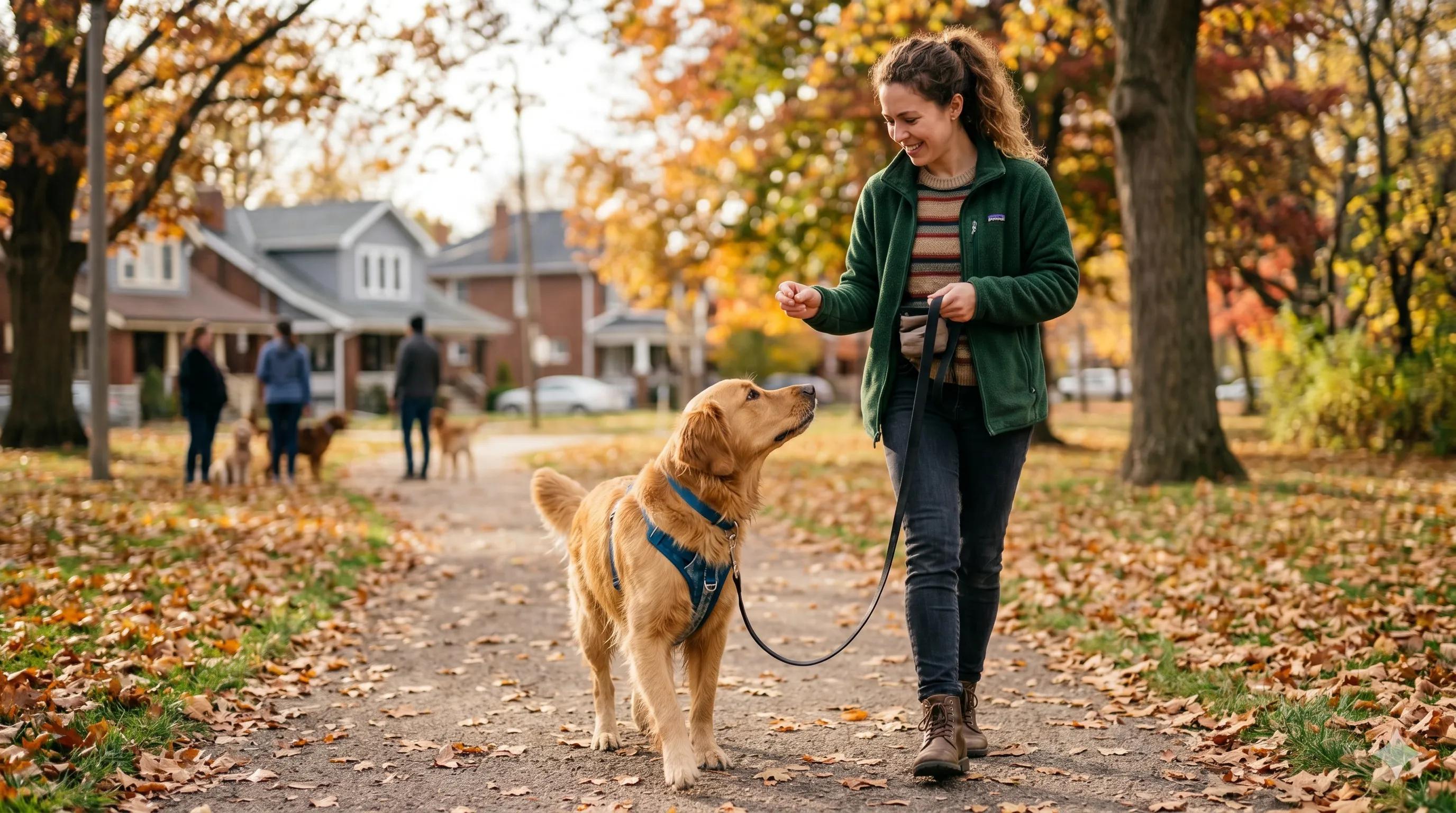 Owner walking calm reactive dog
