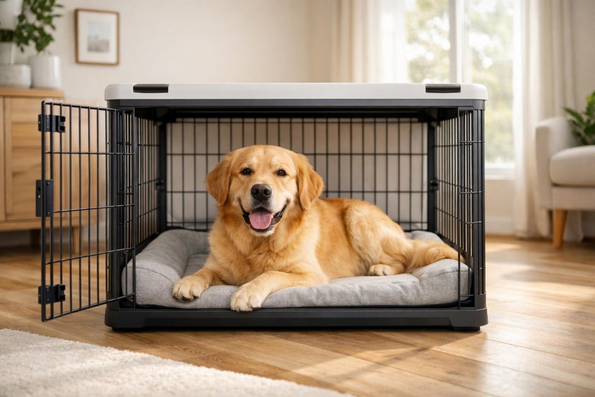 Cozy crate with dog blanket