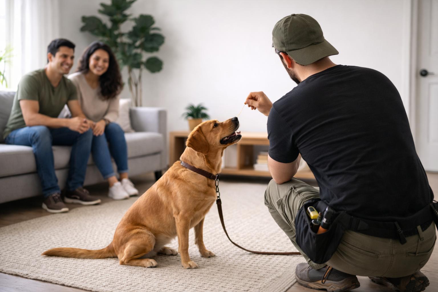 Trainer practicing dog desensitization