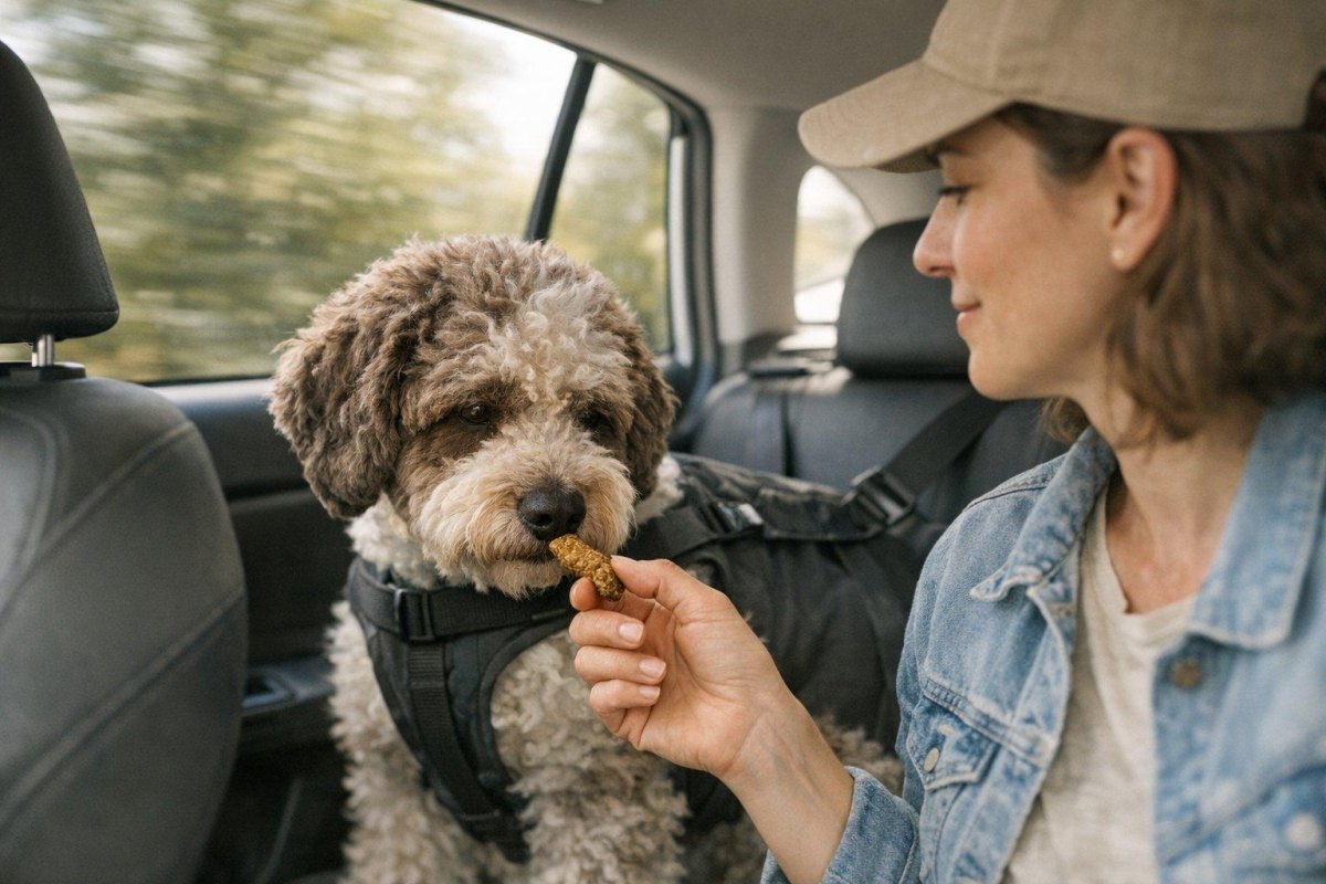 Dog calmly training near car windshield