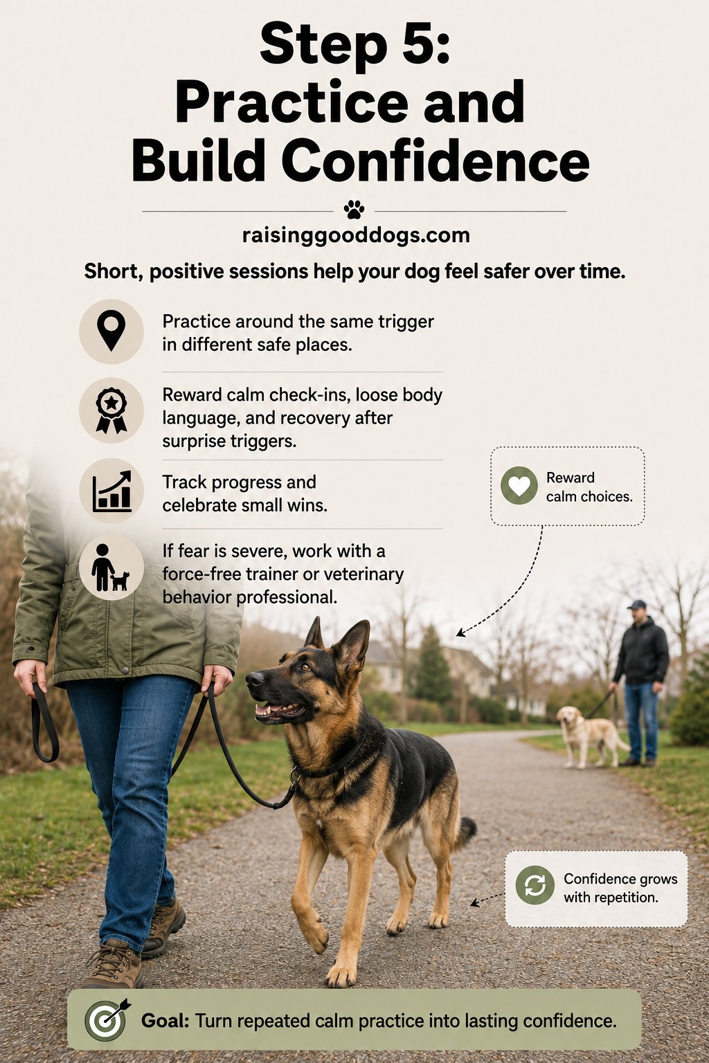 Practicing calm walks in different places to build lasting confidence after desensitizing a fearful dog