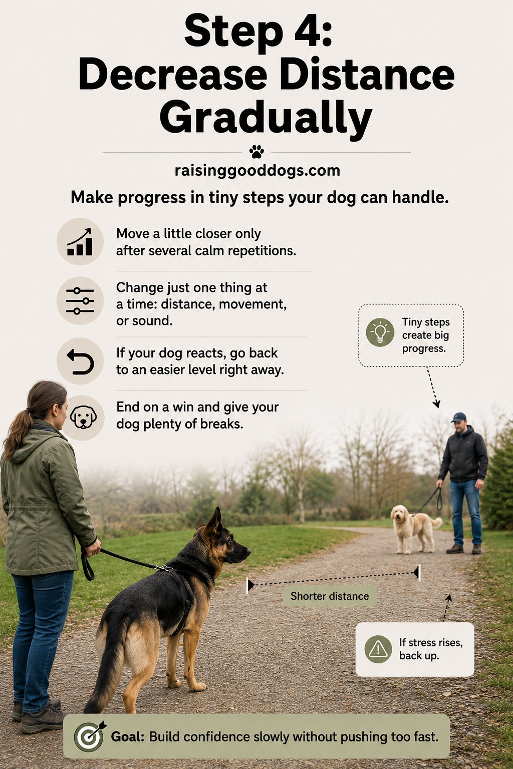 Gradually shortening distance in tiny steps as part of a plan for desensitizing a fearful dog