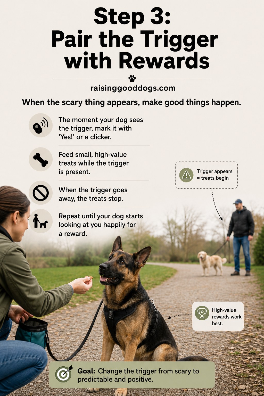 Pairing a trigger with high-value treats to build positive associations when desensitizing a fearful dog