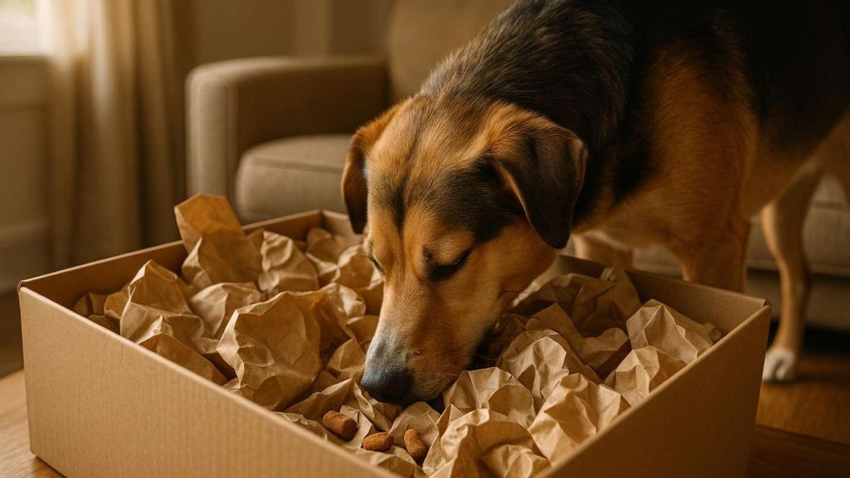 Dog using indoor digging box
