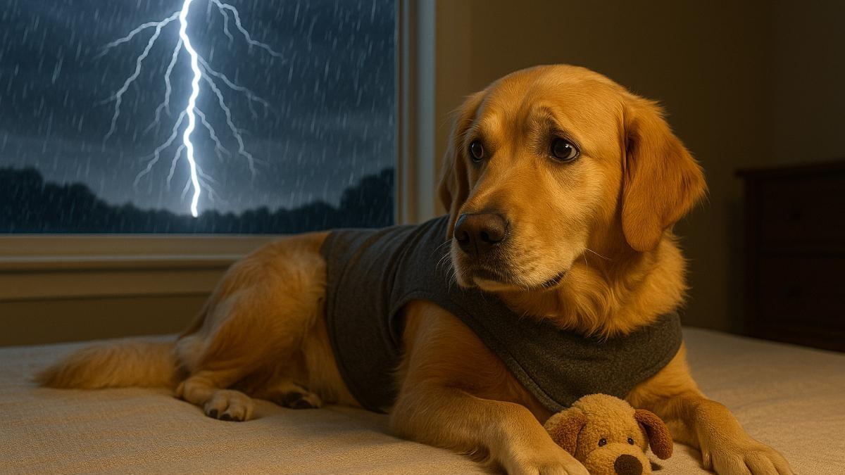 Dog wearing anxiety vest during storm