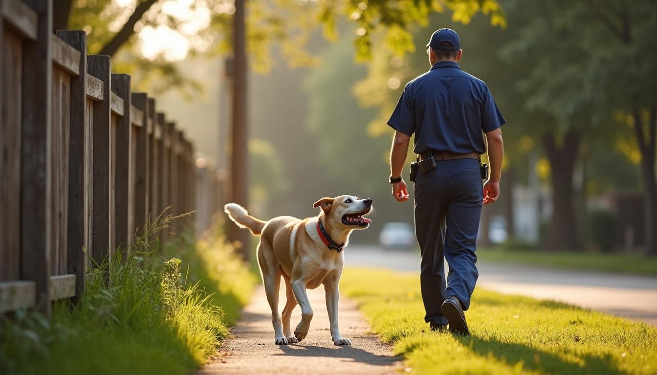 Dog barking at person outside fence