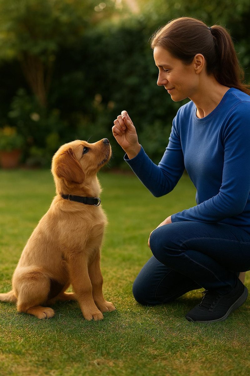 Puppy making eye contact with owner