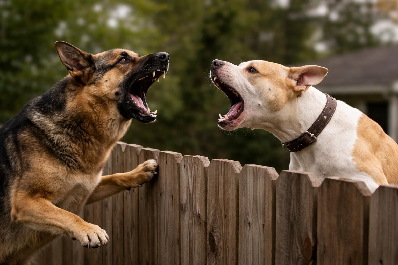 Two dogs barking across fence