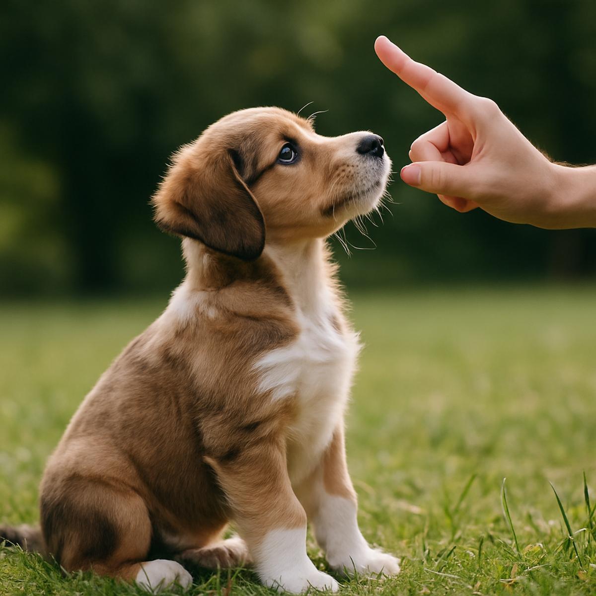 Puppy following finger during training