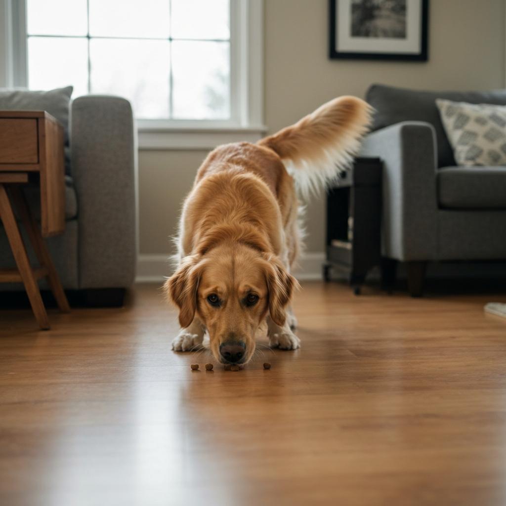 Dog searching hidden treats indoors