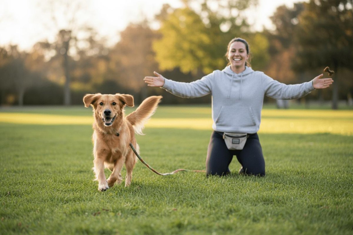 Owner practising dog recall routine