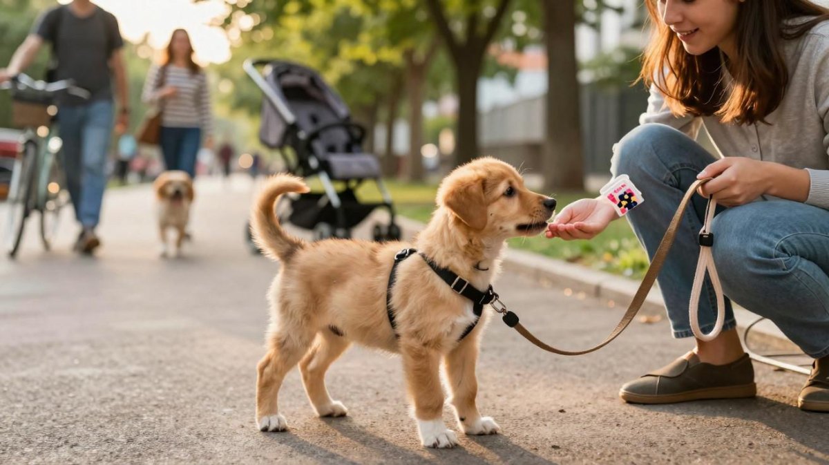 Puppy practicing leash skills around outdoor distractions