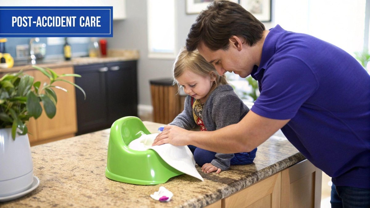 Parent calmly helping toddler after accident