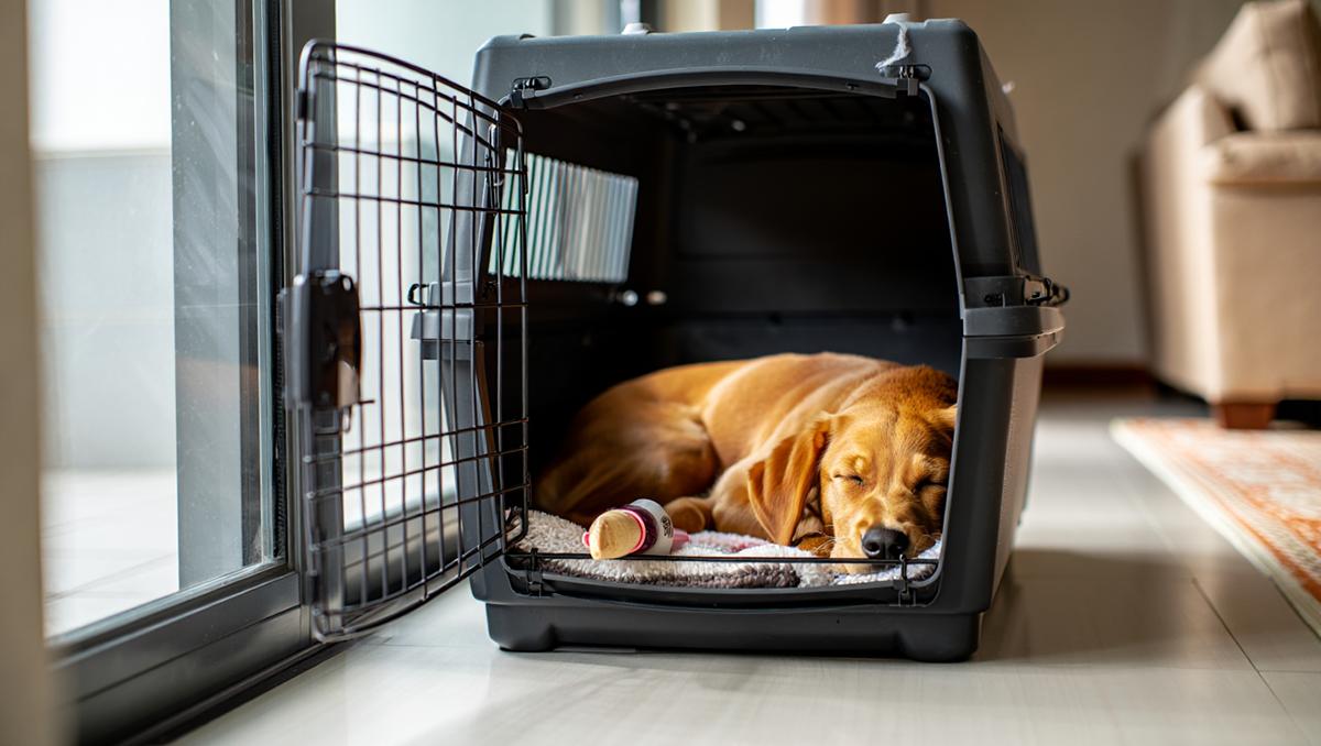 Calm dog sleeping in crate