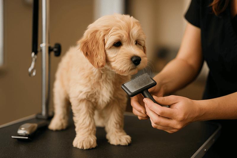 Puppy sniffing grooming brush