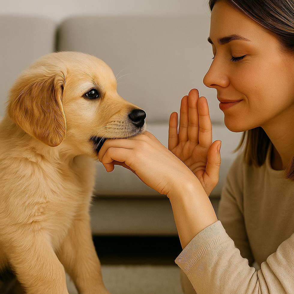 Owner training puppy bite inhibition
