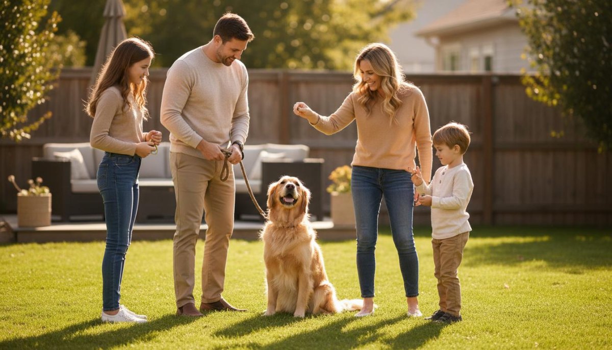 Family training dog together