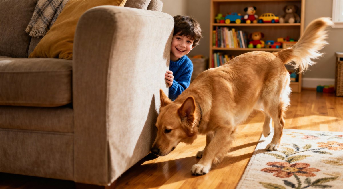 Dog playing hide seek inside home