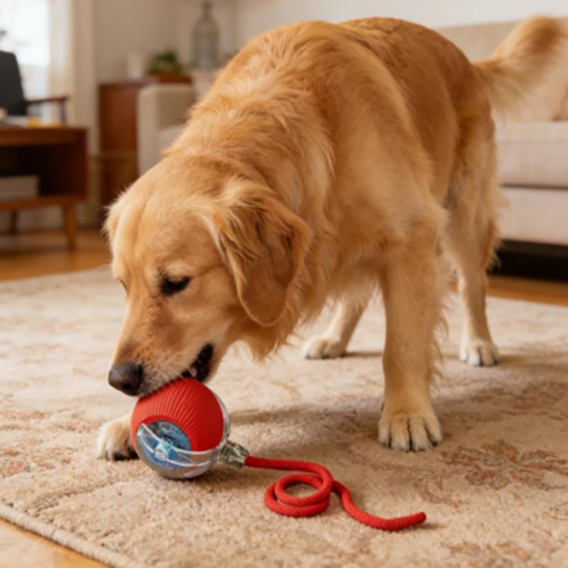 Dog interactive ball launcher indoors