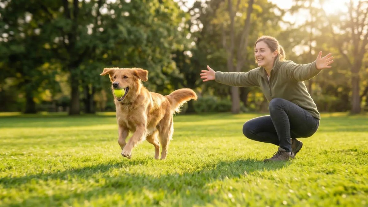 Dog playing interactive fetch game