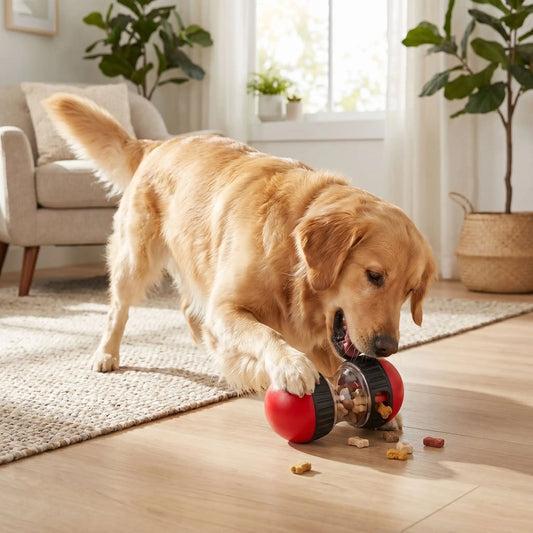 Dog playing with treat dispensing toy