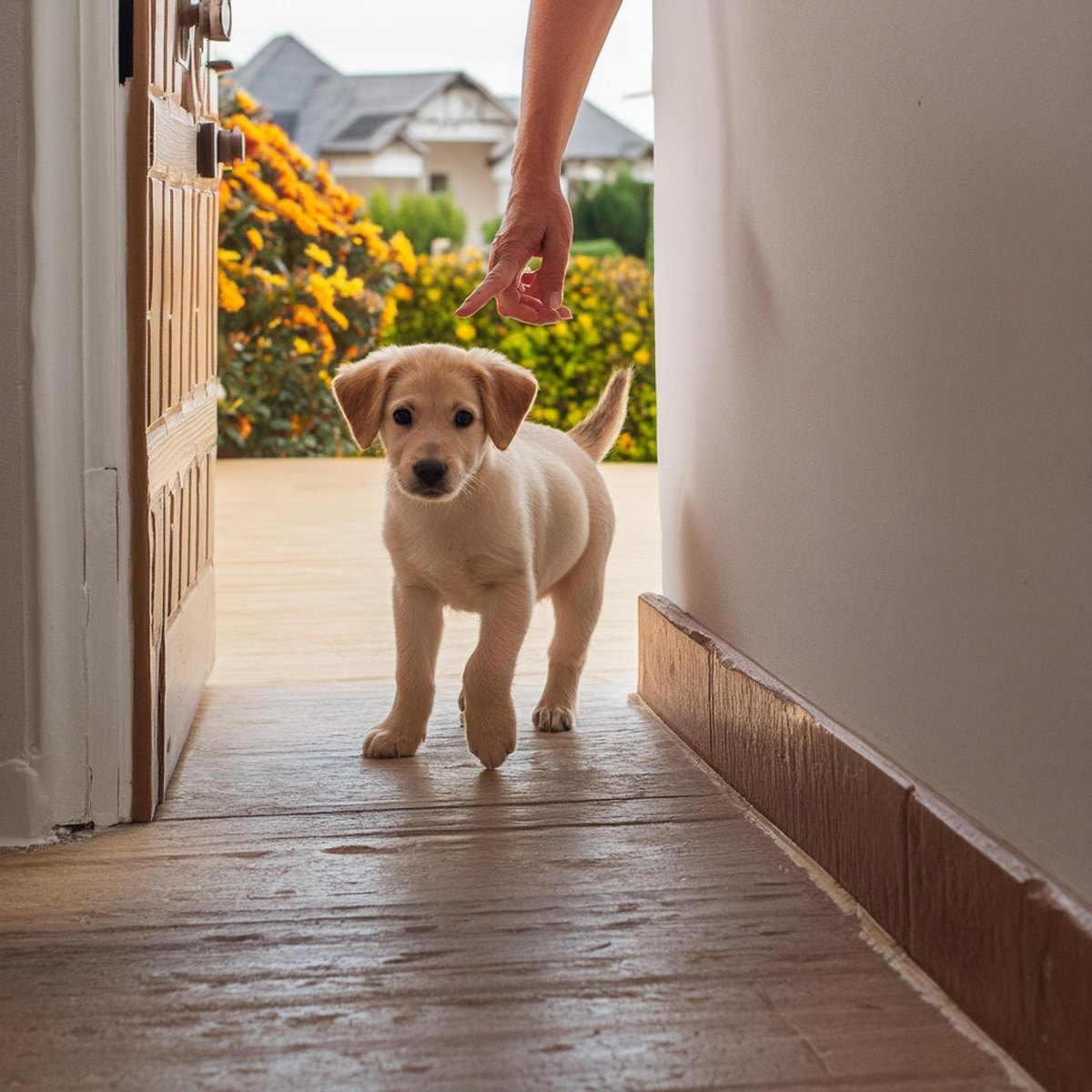 Curious puppy exploring outside