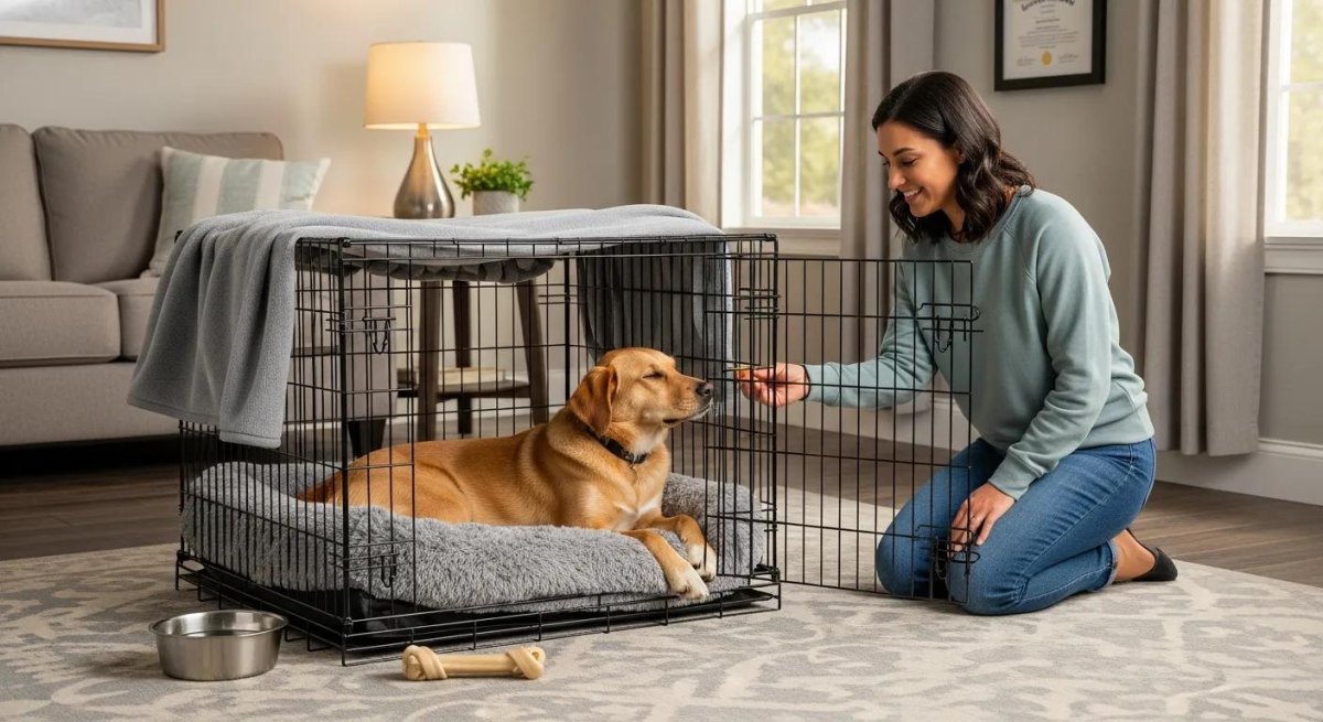 Dog learning crate with treats